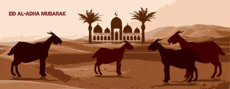 eid al adha mubarak banner with desert, sheep, goat, Lamb and Design date palm Vectorのイラスト素材