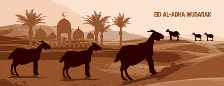 Design eid al adha mubarak banner with desert, sheep, goat, Lamb and date palm Vectorのイラスト素材