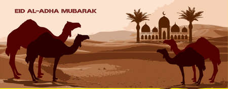 Design eid al adha mubarak banner with desert, sheep, goat, Lamb and date palm Vectorのイラスト素材