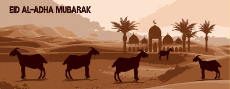 Design eid al adha mubarak banner with desert, sheep, goat, Lamb and date palm Vectorのイラスト素材