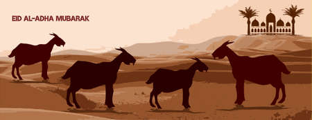 Design eid al adha mubarak banner with desert, sheep, goat, Lamb and date palm Vectorのイラスト素材