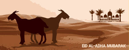 Design eid al adha mubarak banner with desert, sheep, goat, Lamb and date palm Vectorのイラスト素材