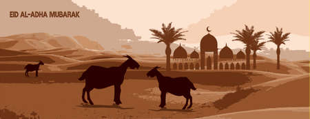 Design eid al adha mubarak banner with desert, sheep, goat, Lamb and date palm Vectorのイラスト素材