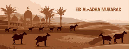 eid al adha mubarak banner with desert, sheep, goat, Lamb and date palm Design Vectorのイラスト素材