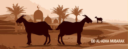 Design eid al adha mubarak banner with desert, sheep, goat, Lamb and date palm Vectorのイラスト素材
