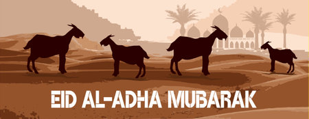eid al adha mubarak banner with desert, sheep, goat, Lamb and date palm Vector Designのイラスト素材