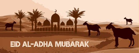 Design eid al adha mubarak banner with desert, sheep, goat, Lamb and date palm Vectorのイラスト素材