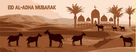 Design eid al adha mubarak banner with desert, sheep, goat, Lamb and date palm Vectorのイラスト素材