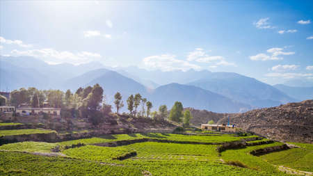 Panoramic view of the village and mountains in the Himalayas