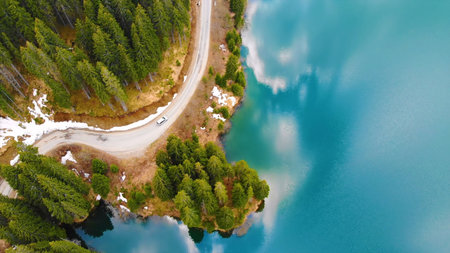 Aerial view of the road to the mountain lake. High quality photo