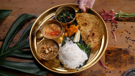 Traditional indonesian food in golden tray on wooden table, top view