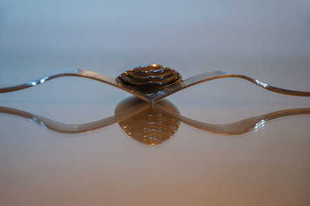 Spoon and forks on a reflecting surfaceの写真素材