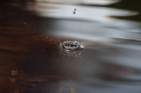 Water drop falling into the water. Splash effect after collision a falling drops with water Surfaceの写真素材