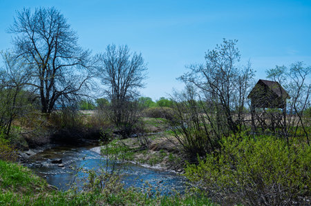 Spring landscape with a small river and a small house on the bankの写真素材