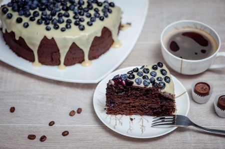 Chocolate cake with blueberry on a white plateの写真素材