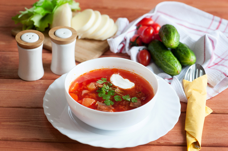 Ukrainian and russian national red borscht of vegetables and meat.の写真素材