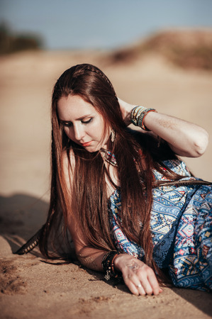 close up of attractive young woman wearing boho accessoriesの写真素材
