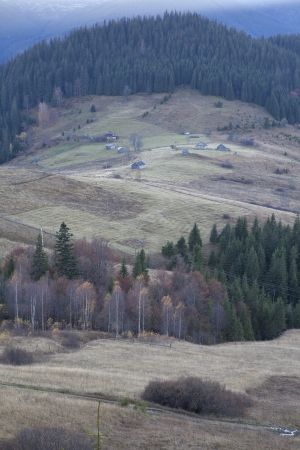 autumn landscape in the Carpathians near the village of dzembroniaの写真素材