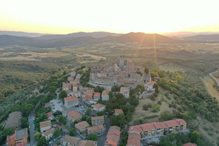 Aerial view of the medieval town of Capalbio in the Tuscan Maremmaの写真素材