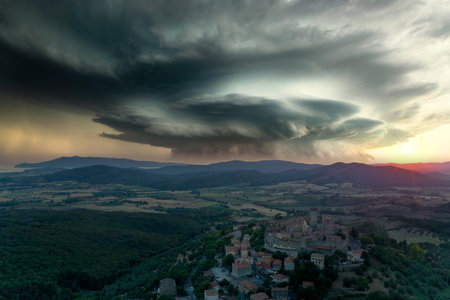 Aerial view of the medieval town of Capalbio in the Tuscan Maremmaの写真素材