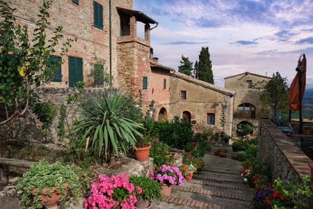 stairway of the small Tuscan town of Mensanoの写真素材