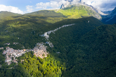 aerial view of the town of pietracamela in the mountain area of gran sasso italyの写真素材
