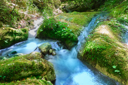 small waterfalls in the Alento River Park in Abruzzoの写真素材