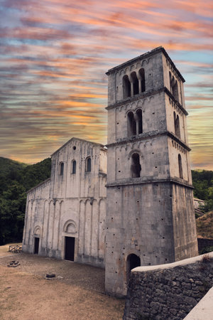 front of the abbey of san liberatore in maiella abruzzo during sunsetの写真素材
