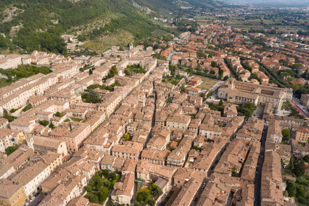 aerial side view of the medieval town of gubbio umbria italyの写真素材