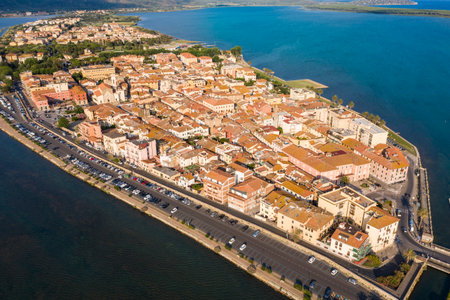 Aerial view of the seaside town of Orbetello on the tuscan coast in the maremma eastern lagoonの写真素材