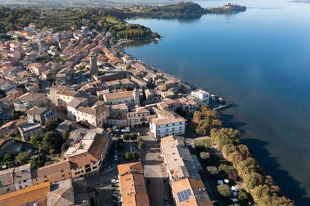 aerial view of the town of marta on lake bolsenaの写真素材