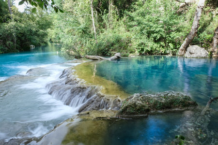 waterfalls produced by the river elsa in the fluvial park of colle di val d'elsa tuscany italyの写真素材