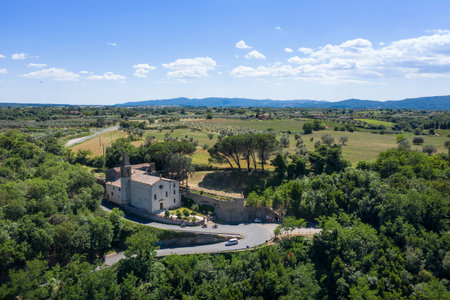 Aerial view of the medieval town of Pitigliano in the province of Grosseto on the hills of the Tuscan Maremmaの写真素材