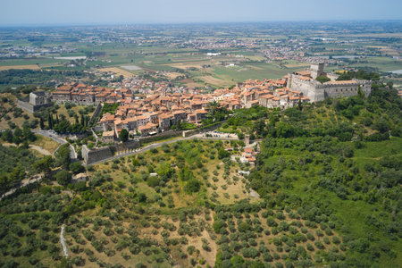 panoramic aerial view of the medieval town of sermoneta latinaの写真素材