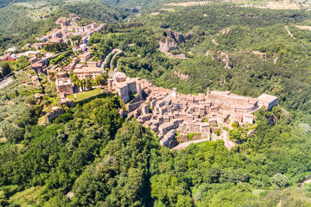 Aerial view of the medieval town of Sorano in the province of Grosseto on the hills of the Tuscan...