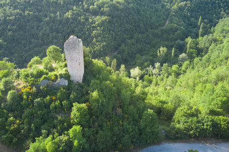 aerial view of the medieval tower of the village of rasiglia foligno umbriaの写真素材