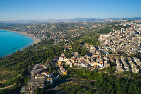 aerial view of the village of Vasto and in the background the beach of Marina di Vasto Abruzzoの写真素材
