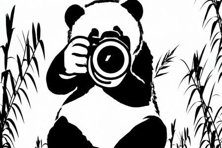 black and white graphic illustration of a panda photographerの写真素材