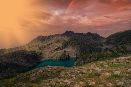 extended overview of the Lambino lake in the trentino dolomites at sunsetの写真素材