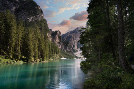 glimpse of lake braies in trentino alto adigeの写真素材