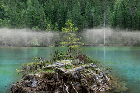 lake with fog surrounded by fir forest in trentino alto adige italy