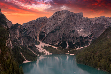 aerial view at sunset of lake braies in trentino alto adige italyの写真素材