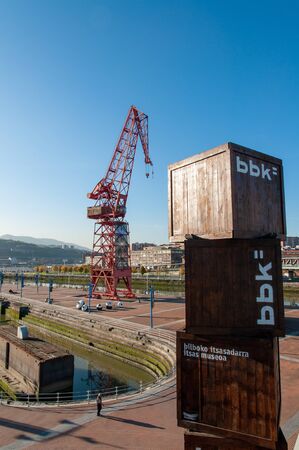 Red Tower crane at the Bilbao Maritime Museum, BBK, Spainのeditorial素材