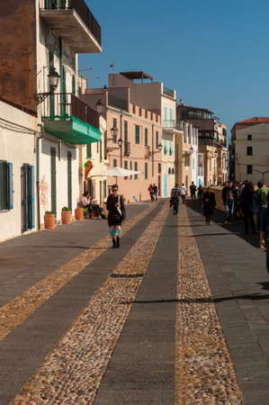 Alghero, Sardinia / Italy - April 10, 2011: Waterfront in the coastal town of Alghero with...