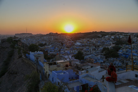 High angle view of Jodhpur, the blue city at sunset. Rajasthan, Indiaの写真素材