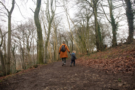Mother and son walking together on forest path holding hands.