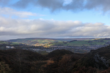 Panoramic view from the Norland Moor Nature Reserve over the valley in Yorkshire with cloudy skyの写真素材