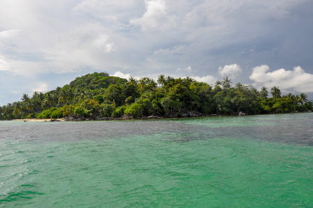 Wild stunning tropical coastline with lush vegetation and turquoise water in Karimunjawa, Indonesiaの写真素材