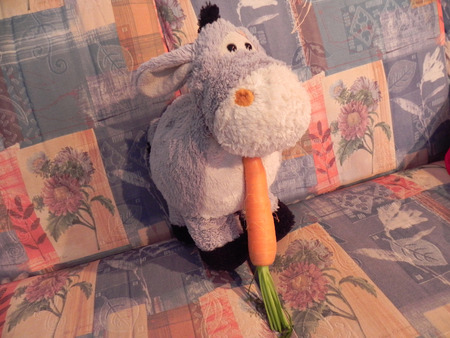 A pretty donkey puppet eating a real carrotの写真素材