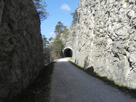 Walking on the pavement of an old railway in the Karst of Triesteの写真素材